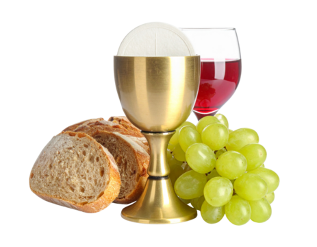  Christian Communion Still Life with Bread, Wine, Grapes, and Golden Chalice, Front View, Isolated on Transparent Background