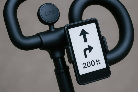 GPS navigation device mounted on black bicycle handlebar showing directional arrows for supply chain logistic route guidance