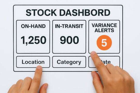 Stock dashboard with on hand and in transit inventory numbers helps manage supply chain and logistic variance alerts for efficient stock control