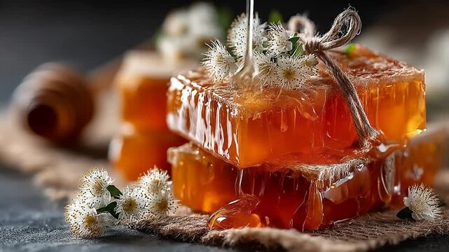 Delicious Honeycomb with Flowers - A Sweet and Natural Treat.