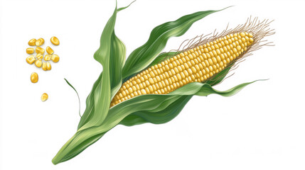 A close-up illustration of a corn cob with golden kernels