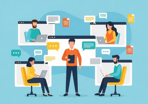 Flat design group discussing ideas and collaborating in a virtual meeting