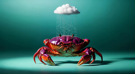 A vibrant purple and orange crab stands on a teal surface under a small cloud raining tiny white particles
