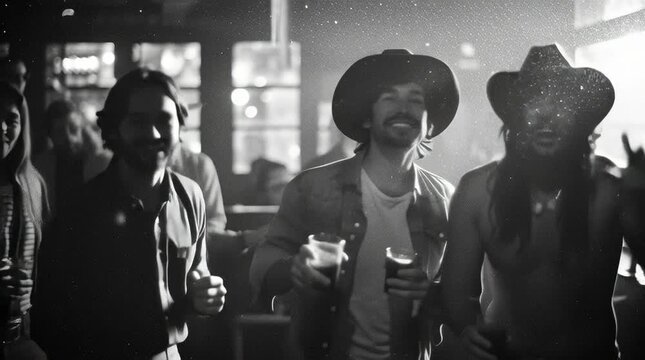 a black and white editorial motion photo of a few 20 something year old country boy,s holding drinks having fun dancing at a country bar in LA , glitter floating in the air reflecting light ,grainy 