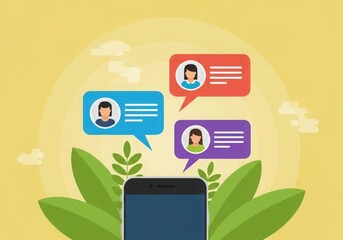 Modern smartphone communication with chat bubbles and people avatars above green leaves