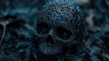 Obraz premium Ornate skull in dark forest floor. Possible use Halloween, horror, fantasy stock photo