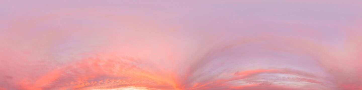 Seamless 360 HDR spherical panorama of sunset sky with vibrant pink Cumulus clouds. Full zenith or sky dome in 3D, sky replacement for aerial drone panoramas. Climate and weather change.