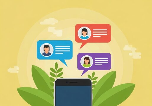 Modern smartphone communication with chat bubbles and people avatars above green leaves