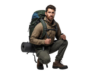 Naklejka premium Front View of Man in Hiking Gear with Backpack, Outdoor Adventure Lifestyle, Isolated on Transparent Background