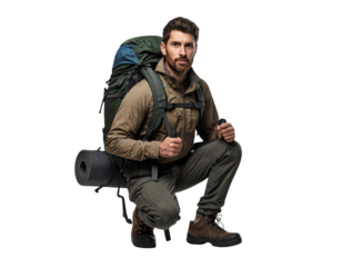 Front View of Man in Hiking Gear with Backpack, Outdoor Adventure Lifestyle, Isolated on Transparent Background