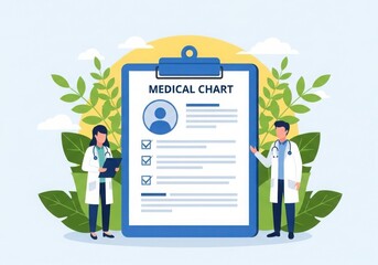 Two doctors reviewing medical chart with patient information and leafy greenery overhead