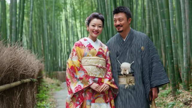 竹林の小径で色打掛風の華やかな装いと博多献上帯の西洋人カップル