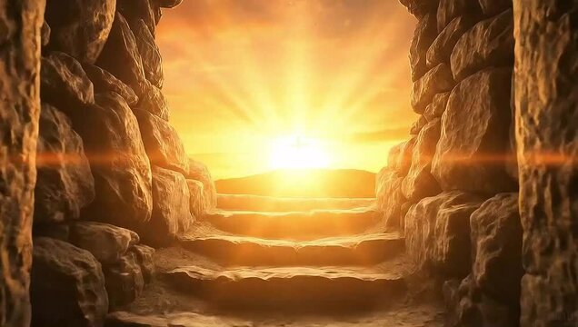 Empty tomb up stone steps towards a cross silhouetted by a brilliant sunrise.