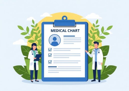Two doctors reviewing medical chart with patient information and leafy greenery overhead