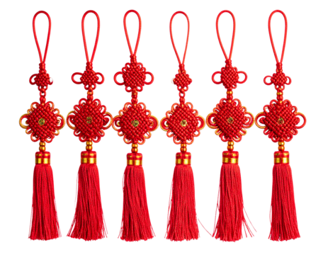 Front View of Red and Gold Chinese Knot Ornaments, Lunar New Year Festive Decor, Isolated on Transparent Background - Powered by Adobe