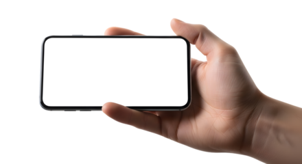 Hand holding a smartphone isolated on transparent background