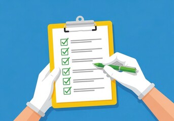 Hands in white gloves holding a yellow clipboard with a checklist and green pen for tasks