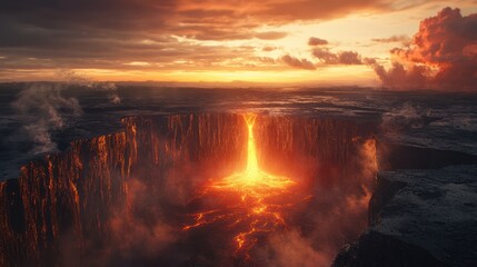 Fototapeta premium Volcanic fissure, fiery lava flow, sunset sky, epic landscape, digital art