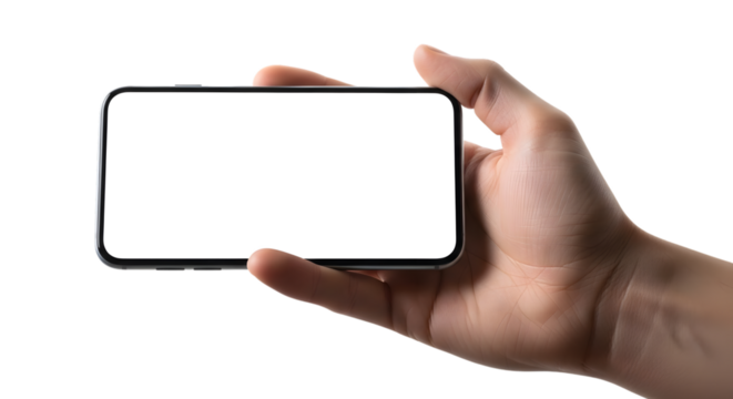Hand holding a smartphone isolated on transparent background