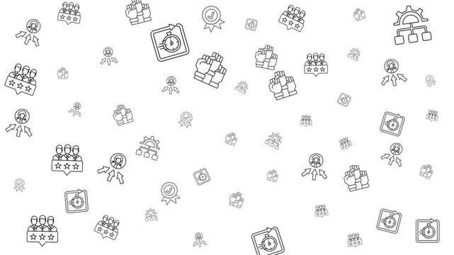 A seamless pattern looping animation of business and finance black line icons on white background.  Features icon of time management, organize, partnership and other. 4k animated resolution. 