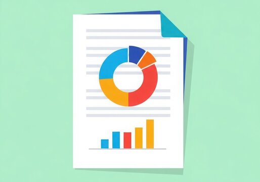 Flat design document with pie chart and bar graph data analysis concept