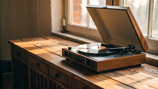 Vintage Vinyl Record Player on Wooden Table Near a Window
