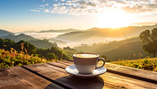 A scenic photo features a cappuccino on a wooden table overlooking misty mountains at sunrise. The warm light creates a serene ambiance