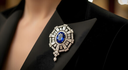Timeless elegance showcased by a magnificent blue sapphire and diamond brooch pinned to the lapel of a luxurious black velvet jacket