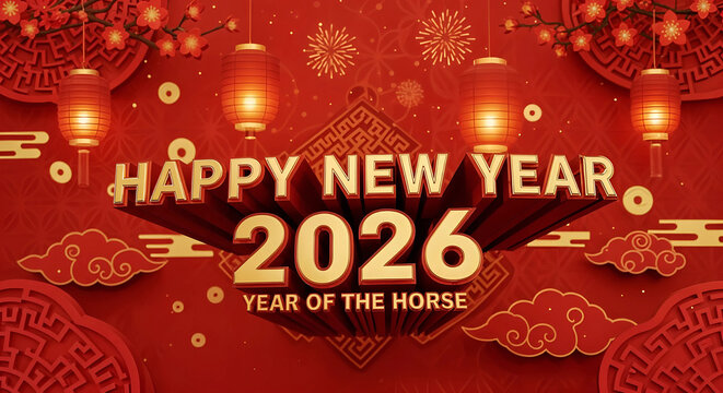 Happy new year 2026 year of the horse greeting with lanterns and fireworks