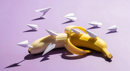Creative surreal concept of bananas with paper airplanes flying around them on a purple background