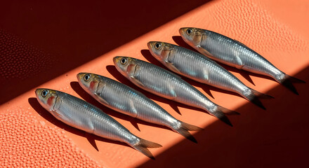 Five fresh sardines arranged diagonally on an orange textured surface with sunlight