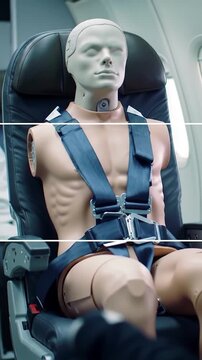 Aviation safety test footage of crash test dummies in simulated impact. Slow-motion analysis of aircraft seat restraint systems. Crash test dummy video for airline safety research.