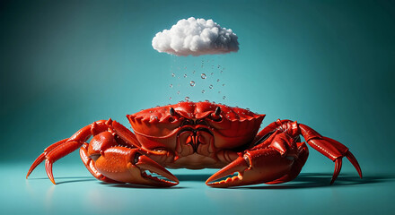 A bright red crab sits on a teal surface with a small cloud raining water on it