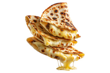 Grilled cheese quesadilla or Cachapas sweet corn pancakes with melted white cheese stacked, isolated on white transparent background, concept of Venezuela street fast food
