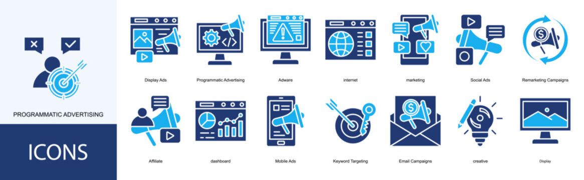 programmatic advertising icon collection set. Containing Adware, internet, marketing, Social Ads, Remarketing Campaigns, Affiliate icon