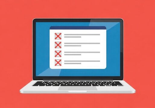 Flat design open laptop displaying a list with multiple red crosses indicating errors or failed tasks