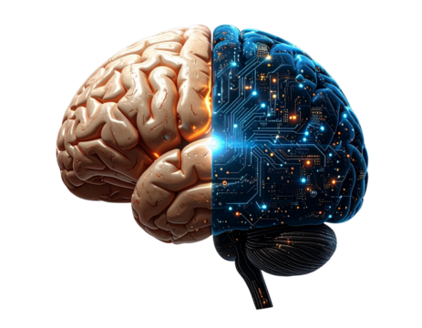 Half Human Half Digital Brain Fusion, Representing Mind and Machine Synergy, Isolated on Transparent Background