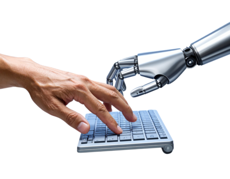 Human and Robotic Hands Collaboratively Typing on Keyboard, Artificial Intelligence Concept, Isolated on Transparent Background