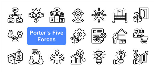 Porter’s Five Forces icon set with Rivalry, Positioning, Differentiation, Barriers, Suppliers, Buyers, Innovation simple line vector.