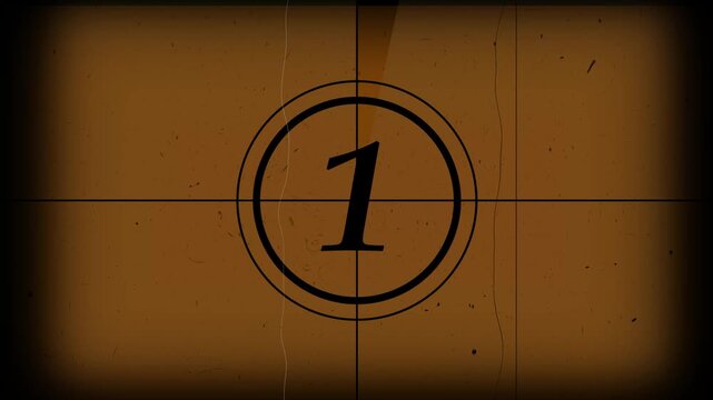 Vintage, old, projected film head leader with Realtime countdown clock. 5 to 0 second vintage old film countdown timer and damage Fream effect animation.