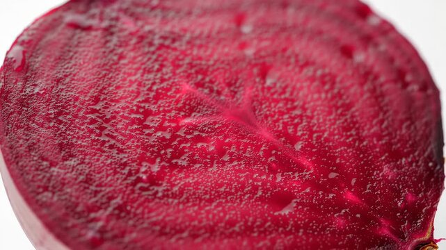 Wet beet slice macro, on white background, showing texture details for cooking concepts