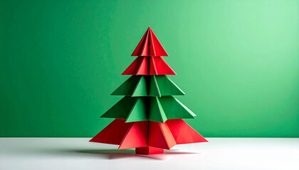 Origami-style Christmas tree crafted from red and green paper, minimal and modern hol 