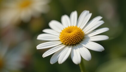 Obraz premium A close-up of a white daisy with a vibrant yellow center, surrounded by soft green foliage, showcasing its delicate petals and natural beauty.