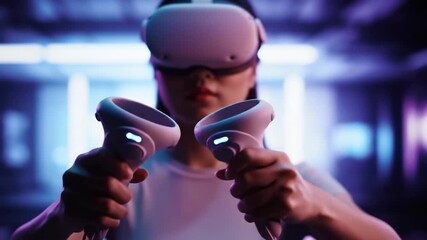 Woman using VR headset with controllers, gaming in a neon-lit room. Possible for tech or entertainment use - Powered by Adobe