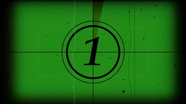 Vintage, old, projected film head leader with Realtime countdown clock. 5 to 0 second vintage old film countdown timer and damage Fream effect animation.