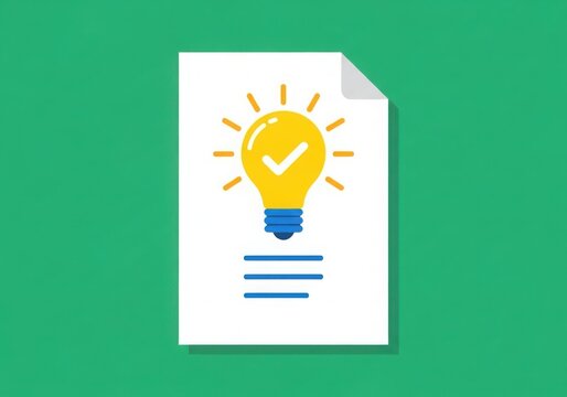 Bright idea document icon featuring a glowing light bulb with checkmark on green background