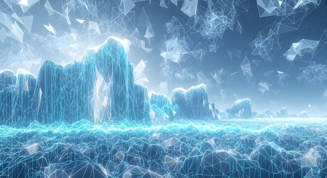 Futuristic Iceberg Landscape with Digital Polygonal Network Overlay in Arctic Ocean