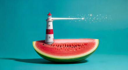 A lighthouse on a slice of watermelon emits a beam of light against a teal background