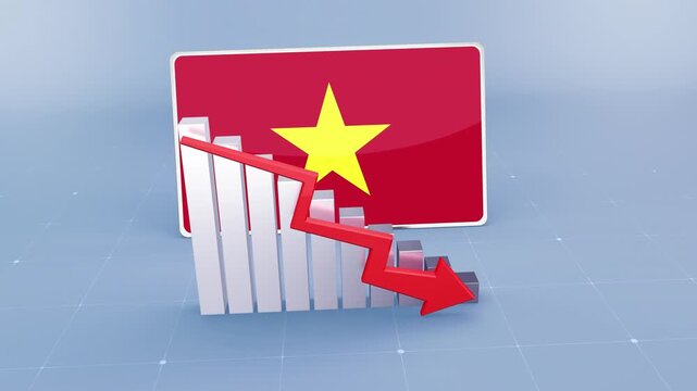 Vietnam Flag and Bar Chart Graph Showing Decreasing Values a Red Arrow Economic Crisis Concept