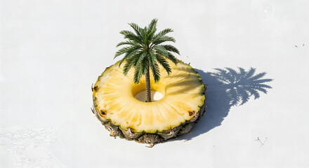 A slice of pineapple with a small palm tree growing from the center, isolated on white background